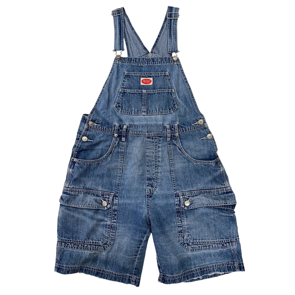 VTG Revolt Denim Overalls Blue Distressed Y2K 2000s Cargo Shortall Women Large